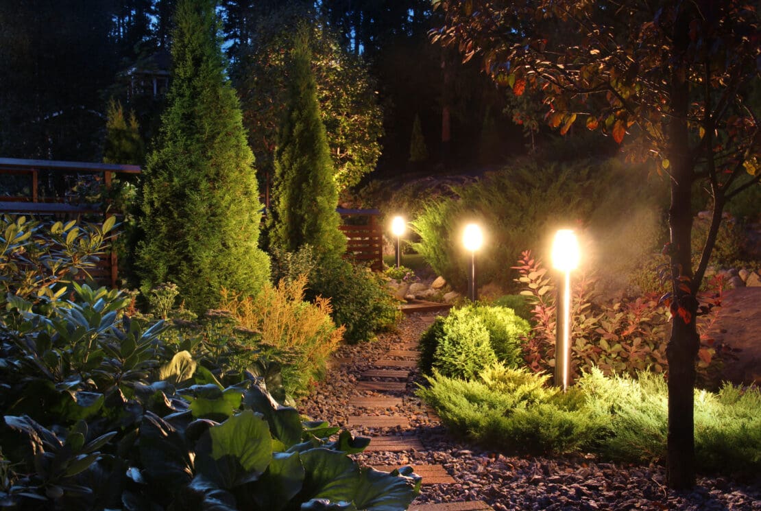 Illuminated home garden path patio lights and plants at night