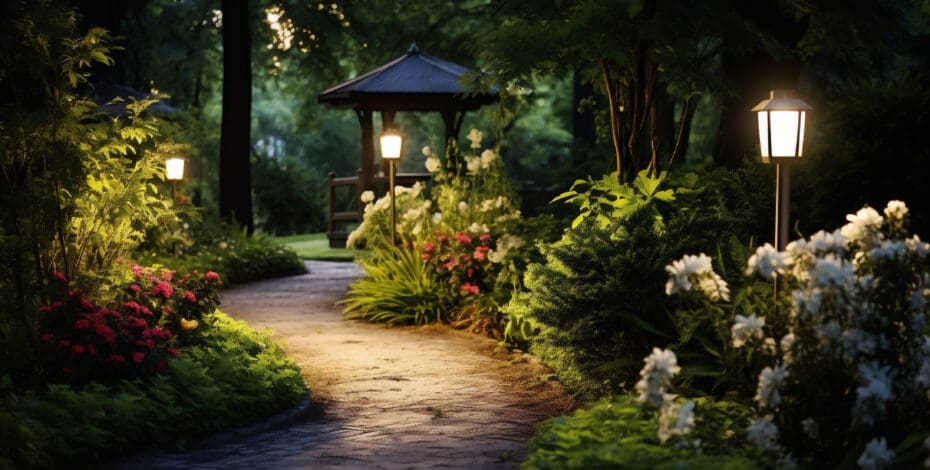 Solar-powered outdoor lighting illuminating a garden pathway