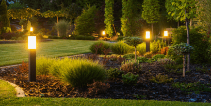 Outdoor lighting setup on backyard landscape