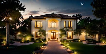 Photo of a beautifully illuminated white house at night